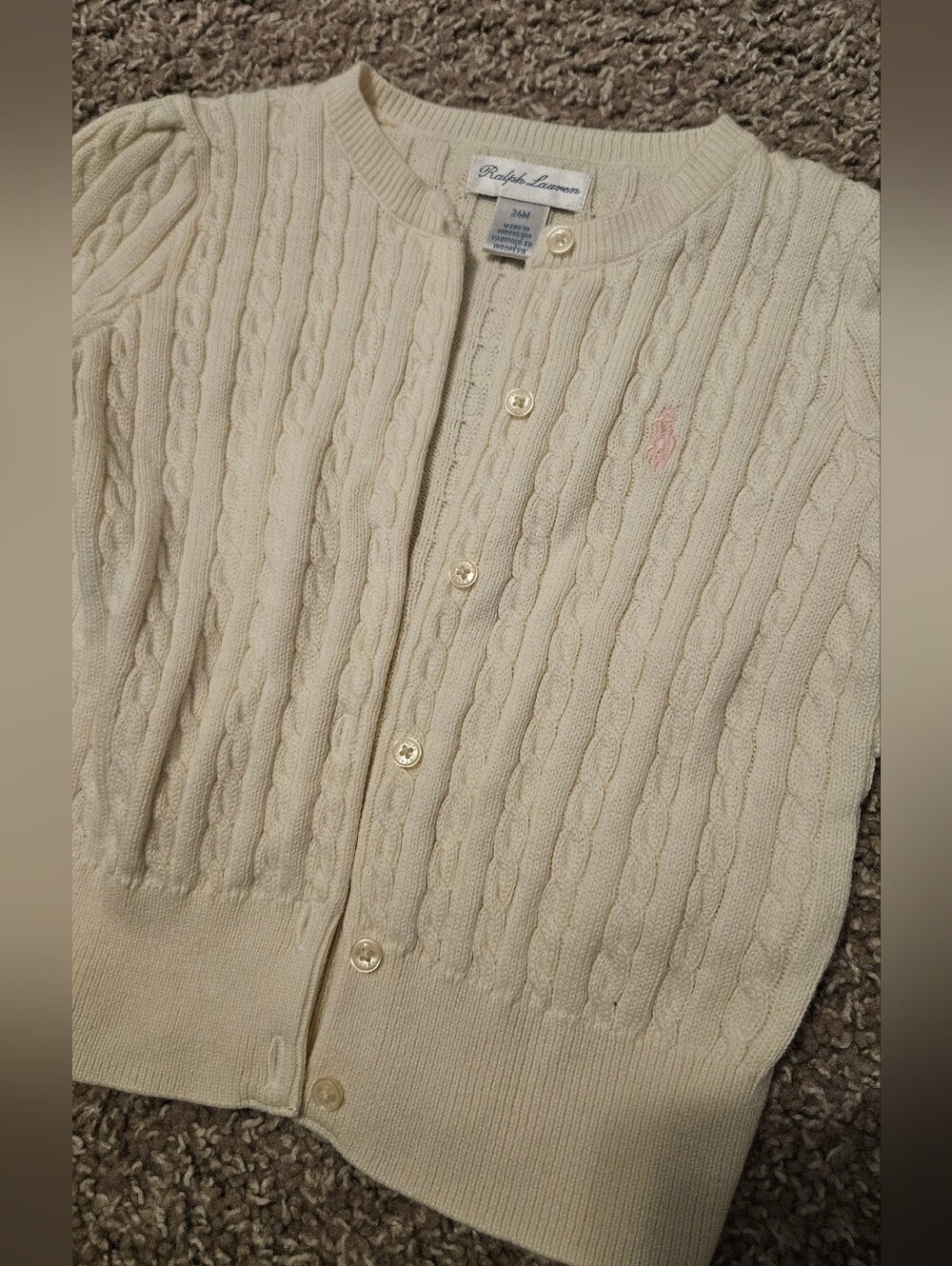 Ralph Lauren Cream Cable-Knit Button-Front Cardigan with Pink Pony